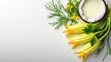 Fresh herbs and vegetables with coconut on white background photo