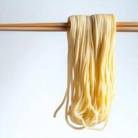 A pair of chopsticks holding a piece of noodles photo