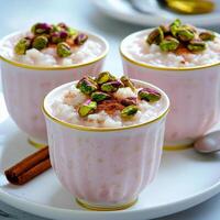 Three cups of rice pudding with pistachios and cinnamon photo