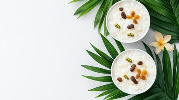 Rice pudding with coconut and palm leaves on white background photo