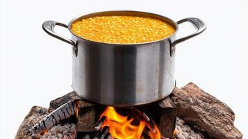 A pot of yellow corn on top of a fire photo