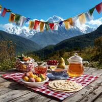 A table with food and a flag on it photo