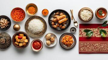 A variety of different dishes are arranged on a white table photo