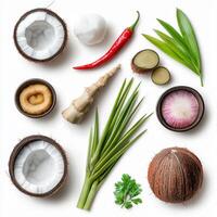 Various ingredients including coconut, ginger, garlic, onion, and other vegetables photo