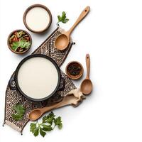 Top view of a bowl of curd with spices and herbs on a white background photo