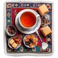 A plate with a cup of tea, a plate of nuts and a plate of cookies photo