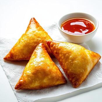 Three triangles of food with dipping sauce photo
