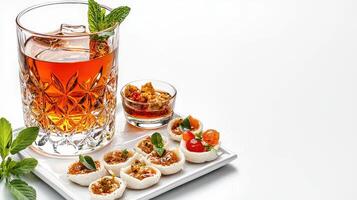 A glass of tea and a plate of appetizers photo