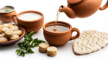 A pot of tea is pouring into a bowl of cookies photo