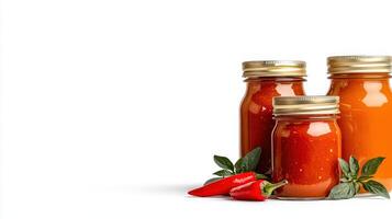 Three jars of tomato sauce with peppers and basil photo
