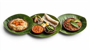 Three plates with food on them on a banana leaf photo