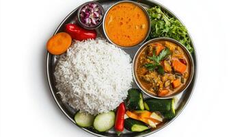 A plate with rice, vegetables and other food photo