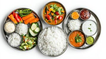 A variety of indian food in metal bowls photo