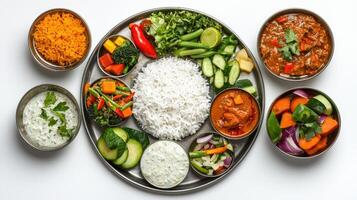 A variety of indian food is arranged on a silver platter photo