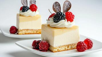 Two desserts on white plates with berries on top photo