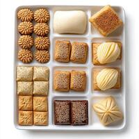 A tray of cookies and pastries on a white surface photo