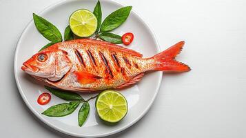 Grilled fish with lime and herbs on a white plate photo