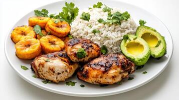 A plate with chicken, rice and avocado photo