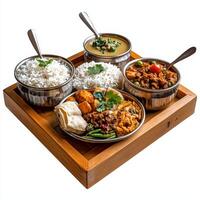 A wooden tray with four dishes of indian food photo