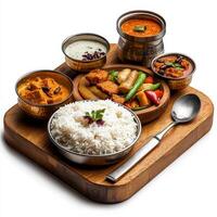 A wooden tray with a variety of dishes on it photo