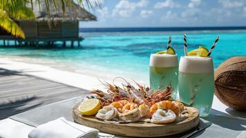 A table with a plate of food and drinks on it photo
