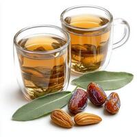 Dates and tea in glass cups with leaves isolated on white background photo