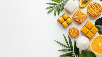 Various types of mooncakes and other sweets on a white background photo