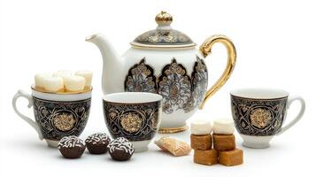 A white and black tea pot with a gold handle photo