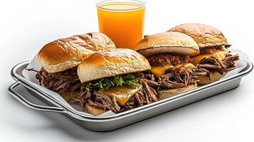 A tray with three pulled pork sandwiches on it photo