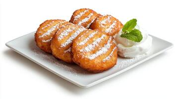 A plate with four donuts covered in powdered sugar photo
