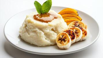 A plate with mashed potatoes, bananas and a spoon photo