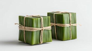 Two green boxes wrapped in twine photo