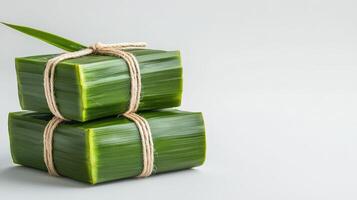 Two green boxes wrapped in leaves tied with string photo