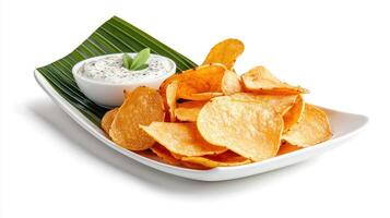 Potato chips with dip on white background photo