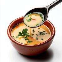 A bowl of soup with a spoon and a spoon photo