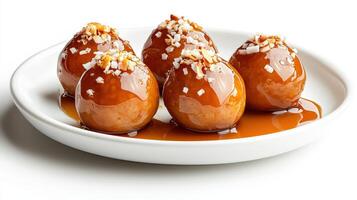 A white plate with four dessert balls on it photo