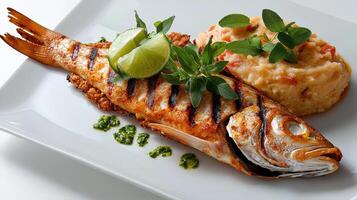 A plate with a fish and some mashed potatoes photo