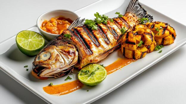 A la parrilla pescado con piña y Lima en un blanco plato foto