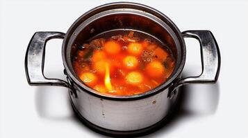 A pot of soup with carrots and onions photo
