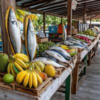 A table with fruit and fish on it photo