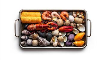 A tray filled with various seafood and vegetables photo