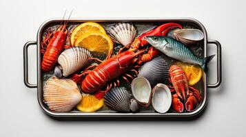 A pan with seafood and orange slices photo