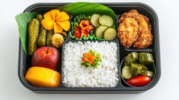 A bento box with rice, vegetables, and meat photo