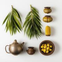 Various items including a tea pot, a banana, and a palm leaf photo