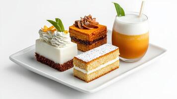 A white plate with four different types of cakes photo