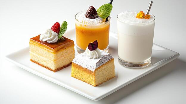 A white plate topped with three different desserts photo