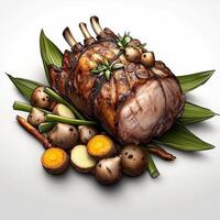 A piece of meat with potatoes and herbs on a white background photo