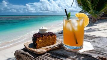 A drink and cake on a wooden table photo