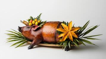 A pig is sitting on a wooden tray with flowers and leaves photo