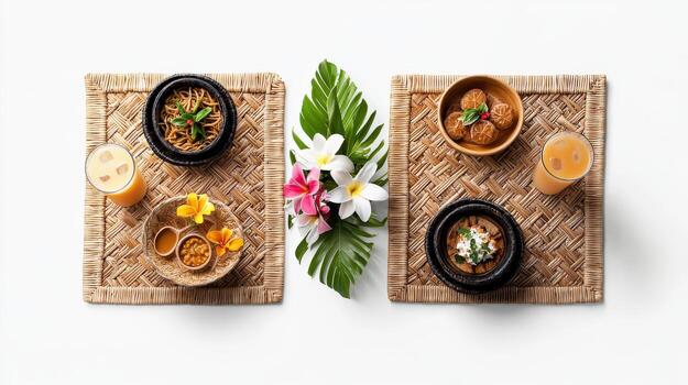 Two bowls of food on a table with a flower photo